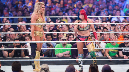 Charlotte Flair and Asuka, after their huge battle at WrestleMania 34